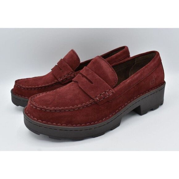 Born Women Sz 7.5 Carrera Lugged Sole Burgundy Suede Slip On Penny Loafers Shoes
